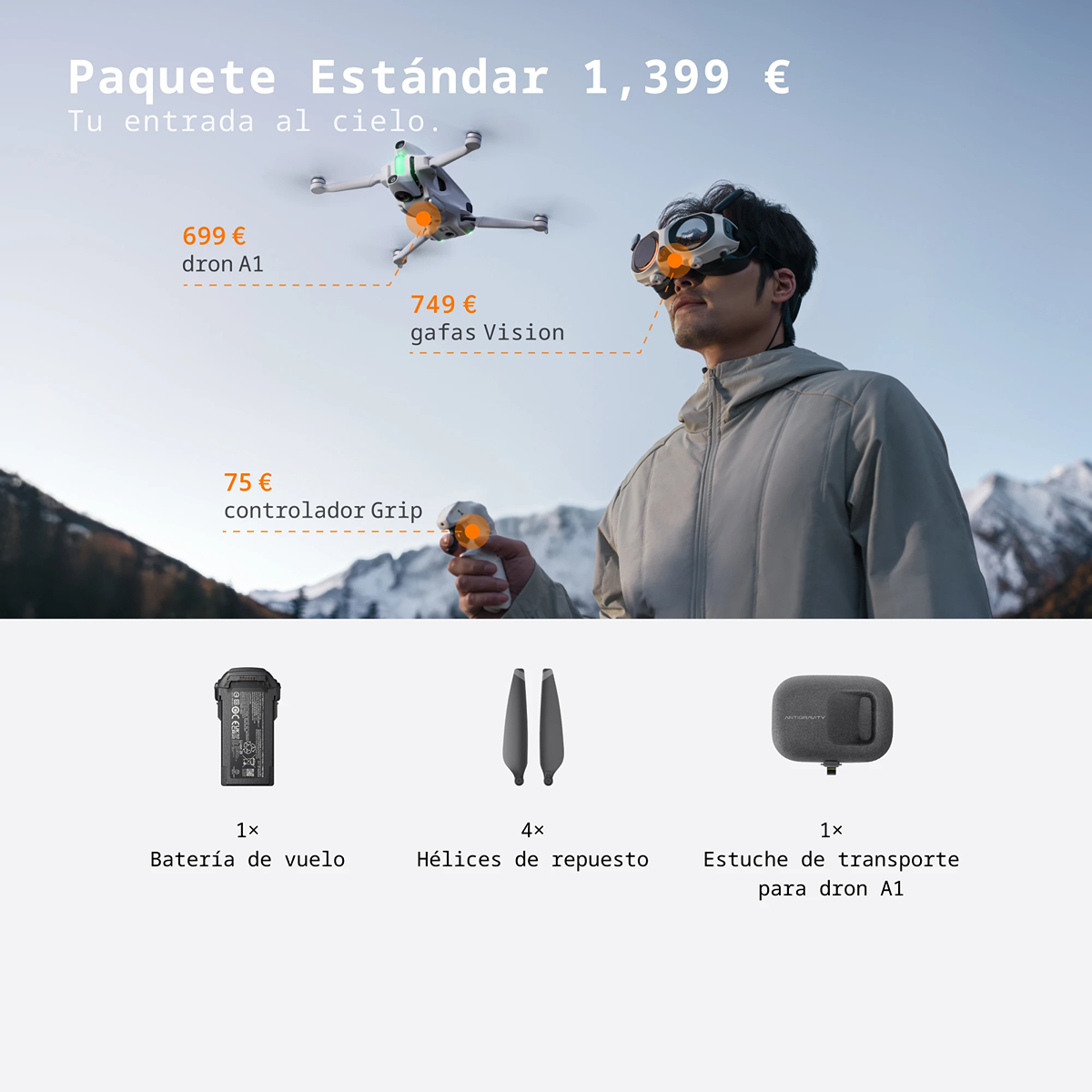 Drone Antigravedad A1 Con Cámara 8K 360° – Peso 249 G, Gafas Inmersivas Y Control Por Movimiento, Paquete Estándar Con 1 Batería